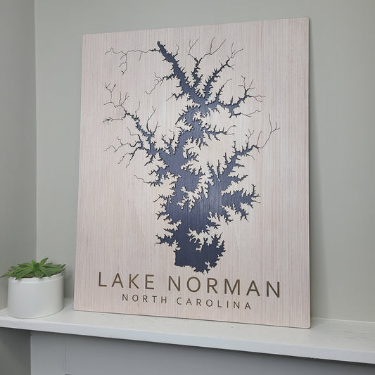 Any Lake - Custom Wood Lake Map - Wall Art- White & Blue