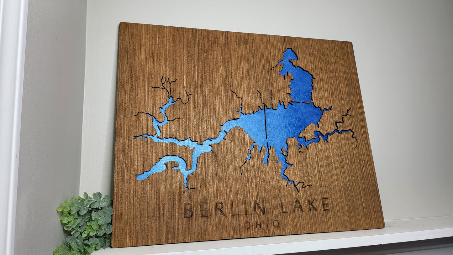 Any Lake - Custom Wood Lake Map - Wall Art- Dark Vintage & Blue